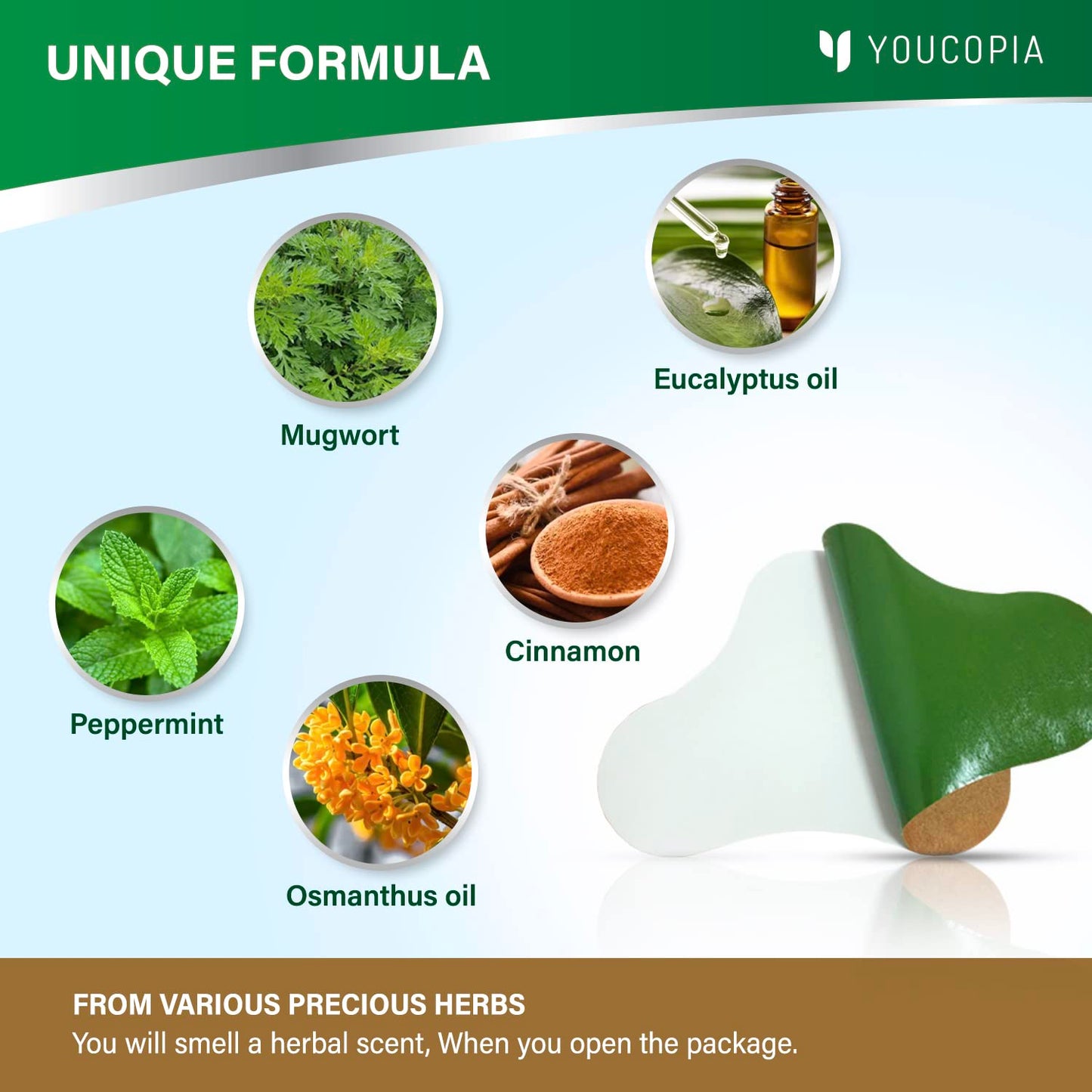 Herbal warming patches laid out demonstrating the flexible material and easy peel backing adhesive.