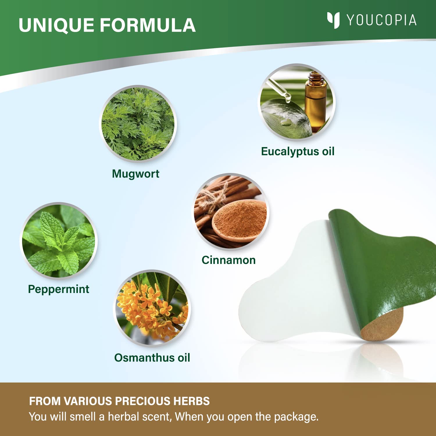 Herbal warming patches laid out demonstrating the flexible material and easy peel backing adhesive.