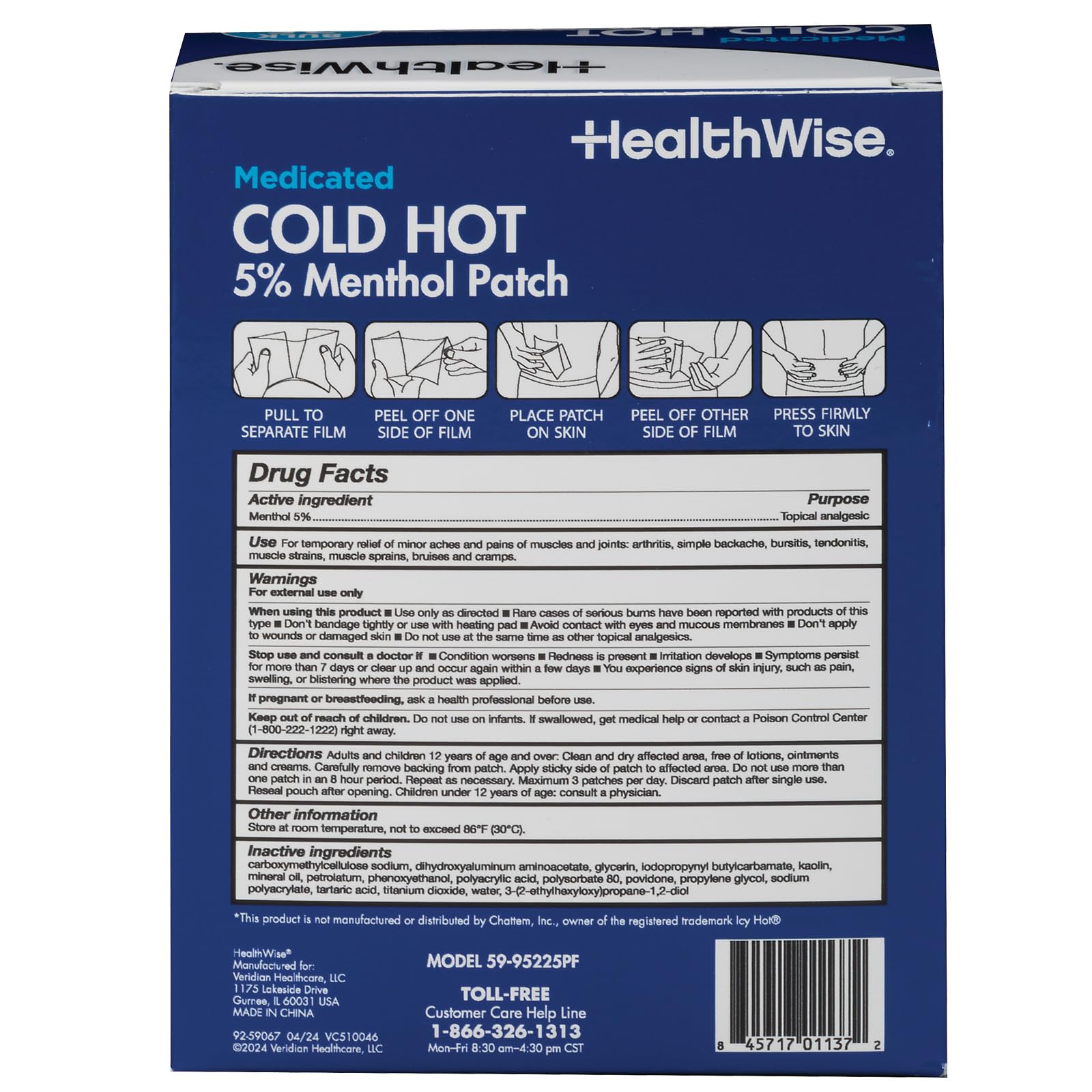HealthWise Cold Hot Medicated Menthol Patch showing 5 percent active ingredient label details