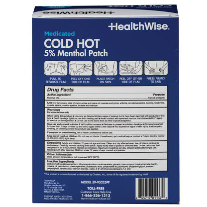 HealthWise Cold Hot Medicated Menthol Patch showing 5 percent active ingredient label details