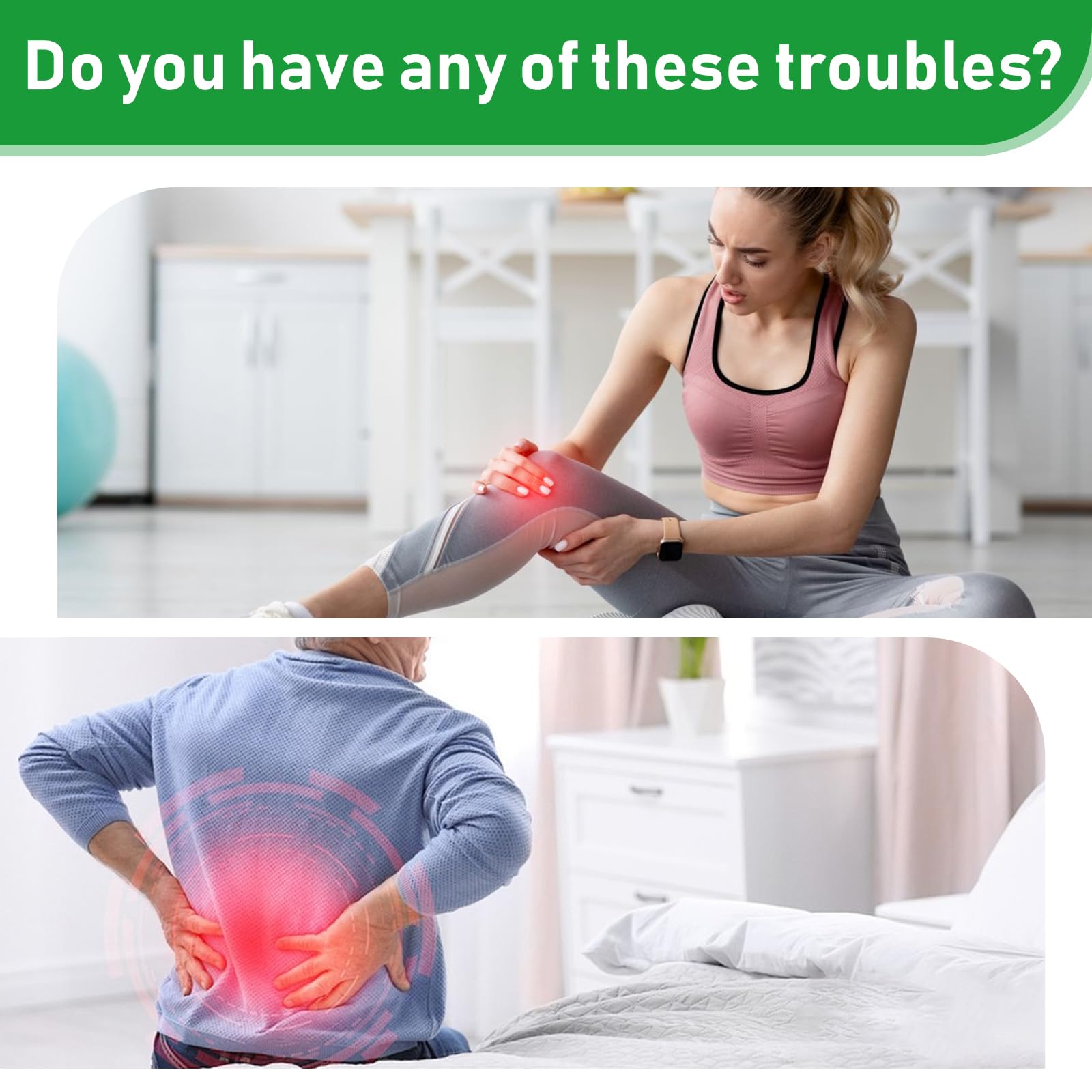 Self-heating herbal heat sticker being applied to a human knee for targeted joint pain relief.