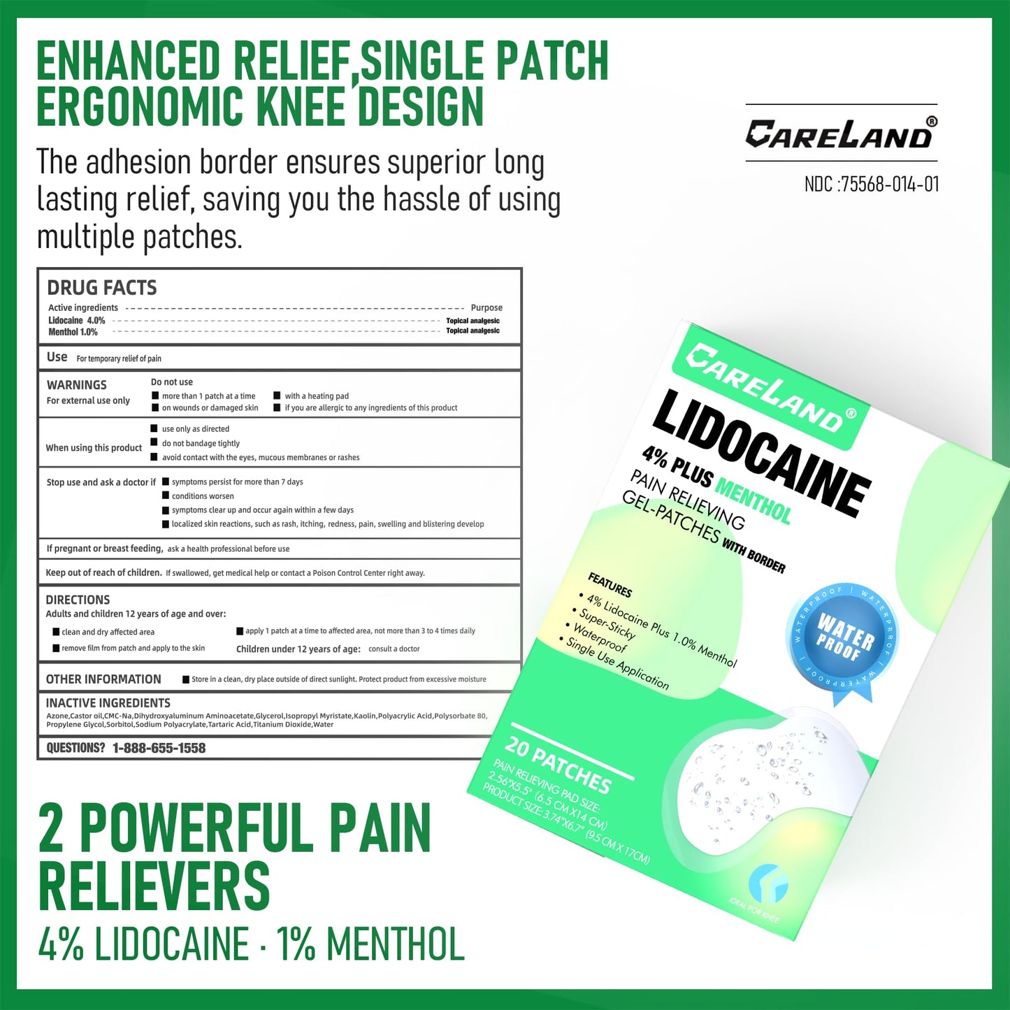 Careland maximum strength back and knee pain relief patches showing the adhesive border