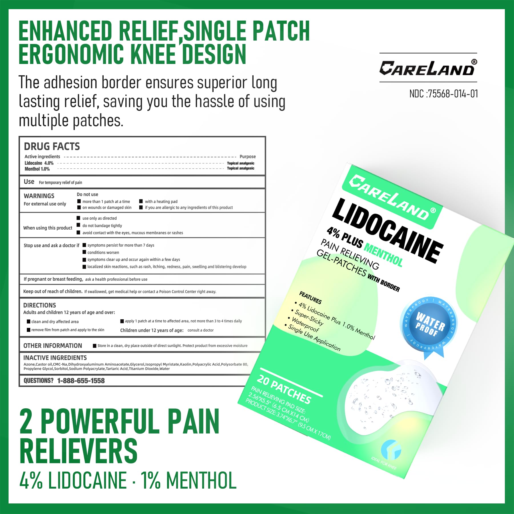 Careland maximum strength back and knee pain relief patches showing the adhesive border