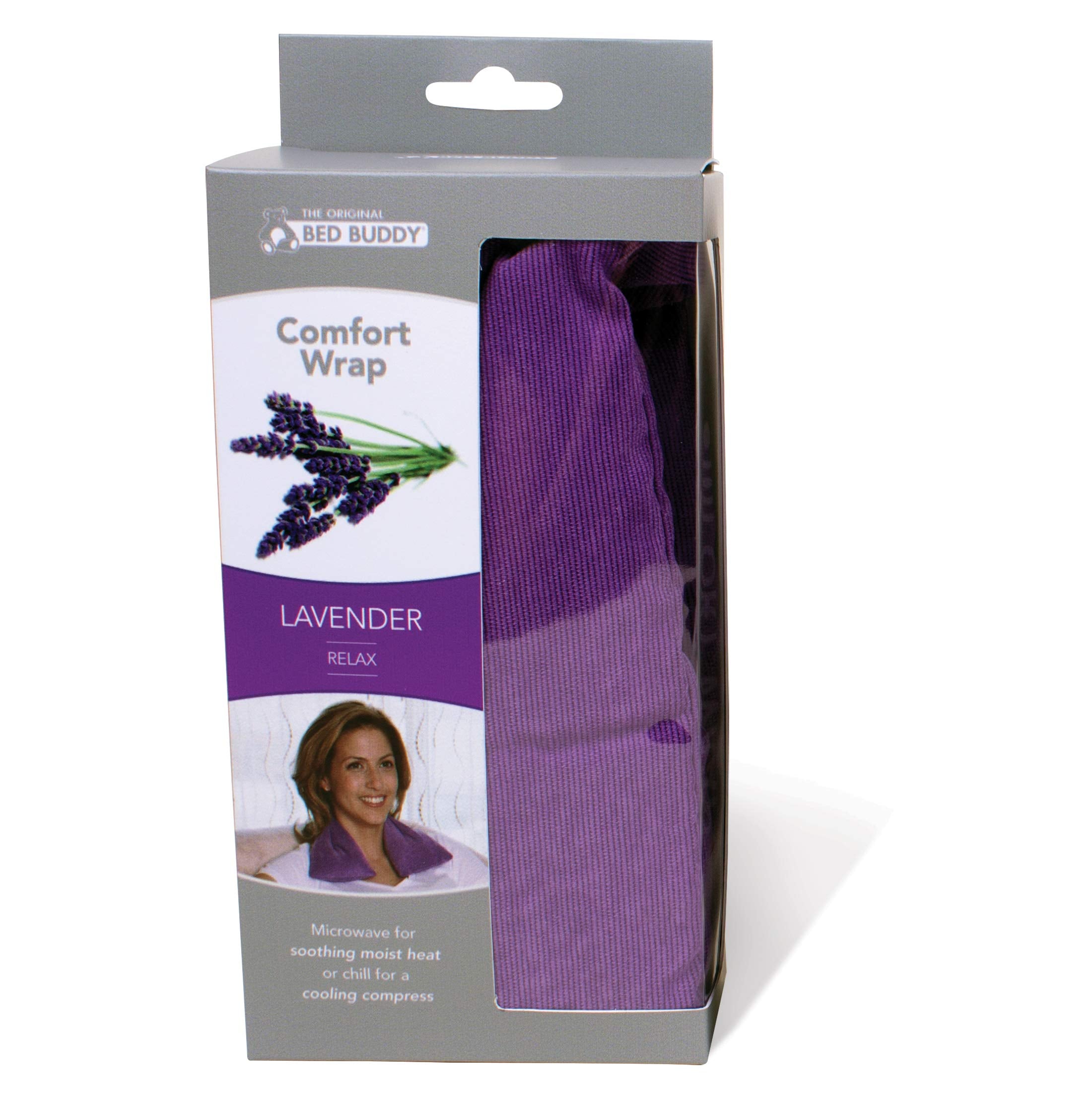 An lifestyle view of the aromatherapy neck wrap showing the flexible material that contours to shoulders.
