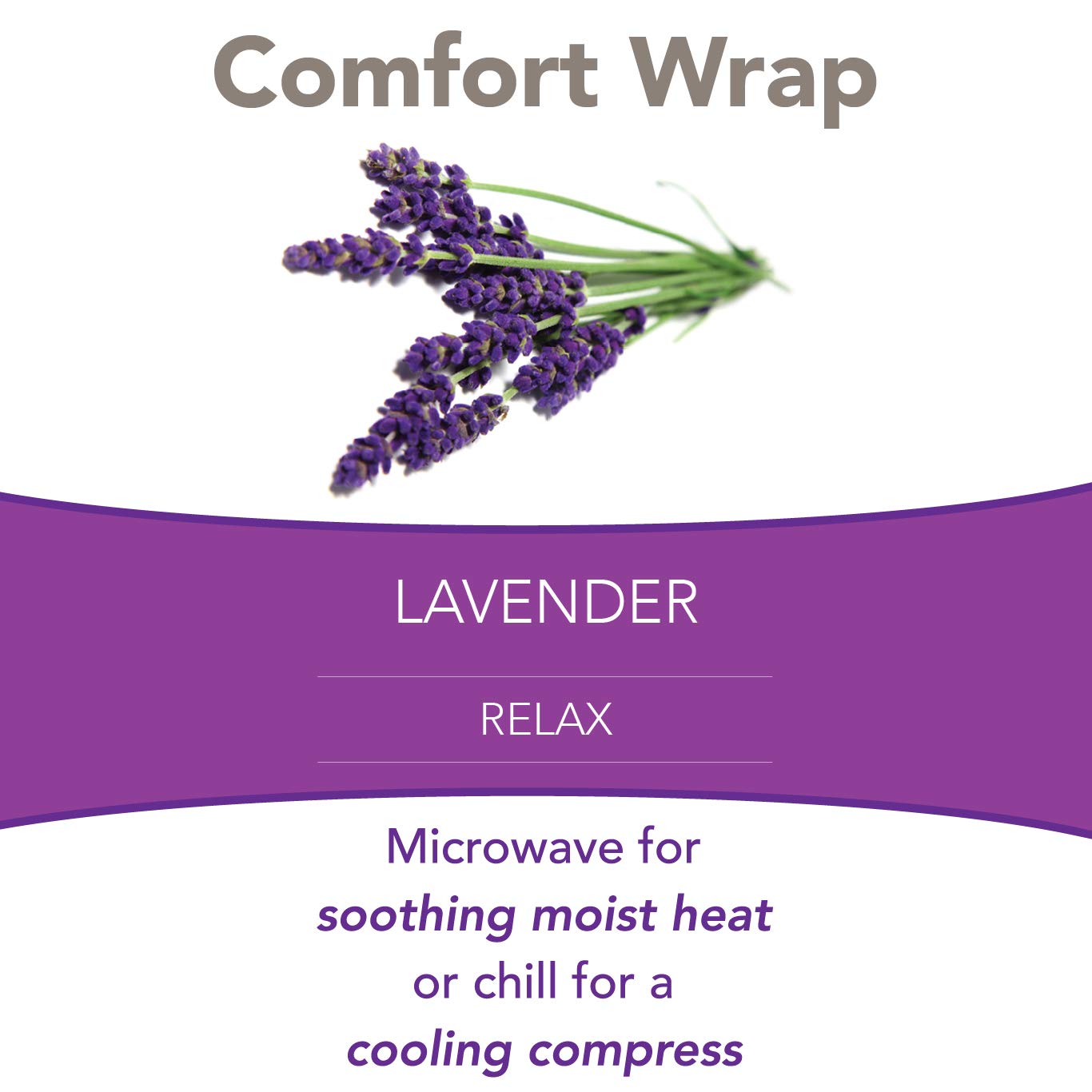 The packaging of the Bed Buddy lavender infused heating wrap indicating natural pain relief benefits.