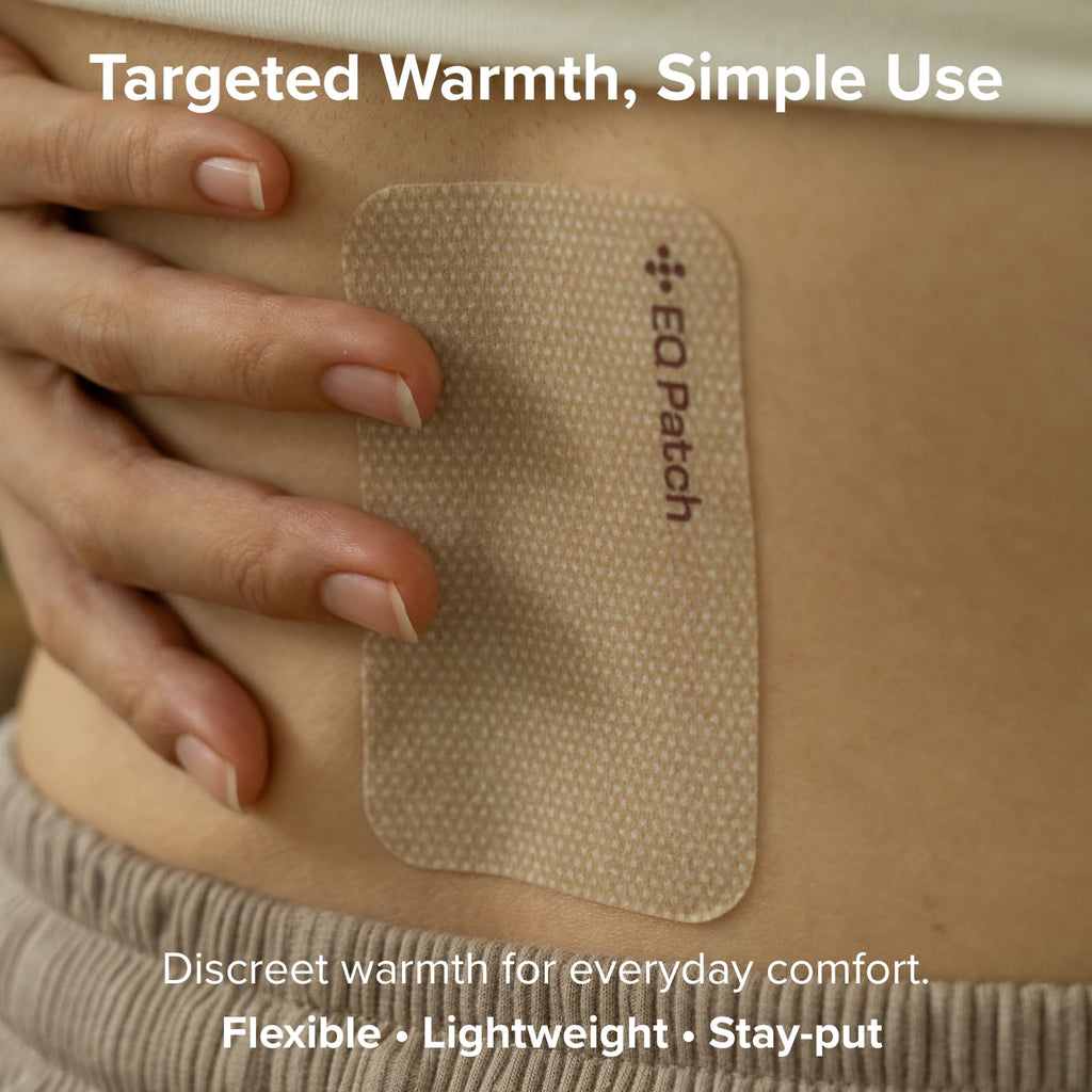 EQ Patch Infrared Warming Patches applied on a lower back demonstrating strong adhesive hold