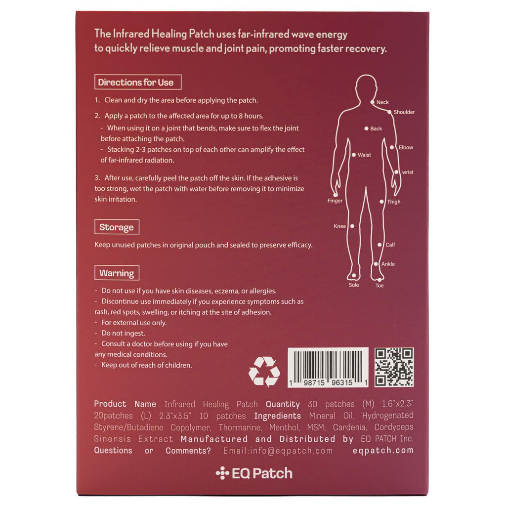 EQ Patch Infrared Warming Patches packaging back side showing clear usage instructions and precautions