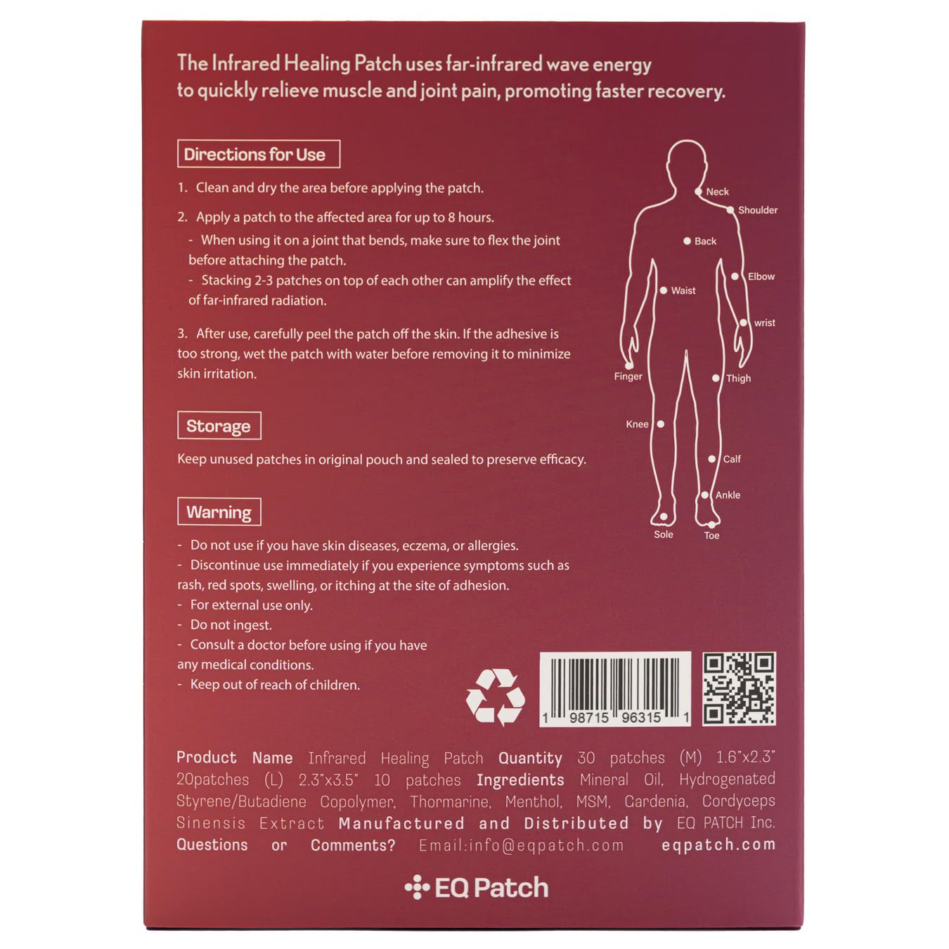 EQ Patch Infrared Warming Patches packaging back side showing clear usage instructions and precautions