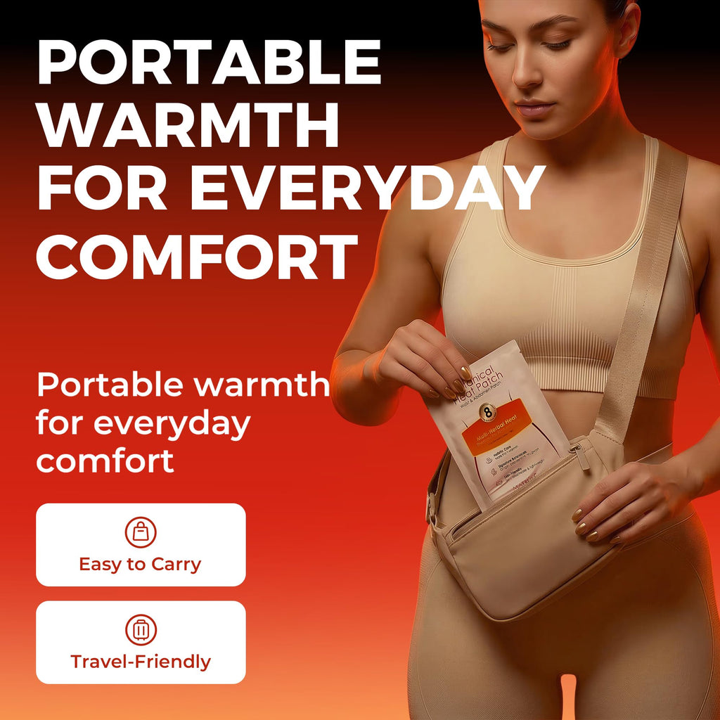 Unboxing view of the five individually wrapped drug free heat therapy pouches alongside the belt.