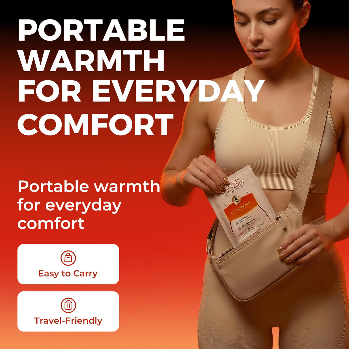 Unboxing view of the five individually wrapped drug free heat therapy pouches alongside the belt.