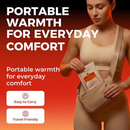 Unboxing view of the five individually wrapped drug free heat therapy pouches alongside the belt.