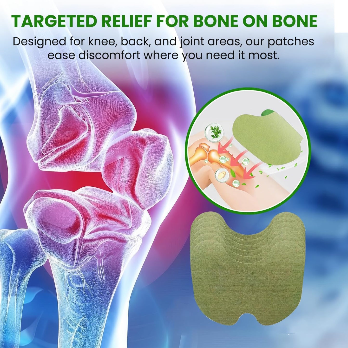 Close up view of the green self heating wormwood plaster sticker applied on a knee joint.