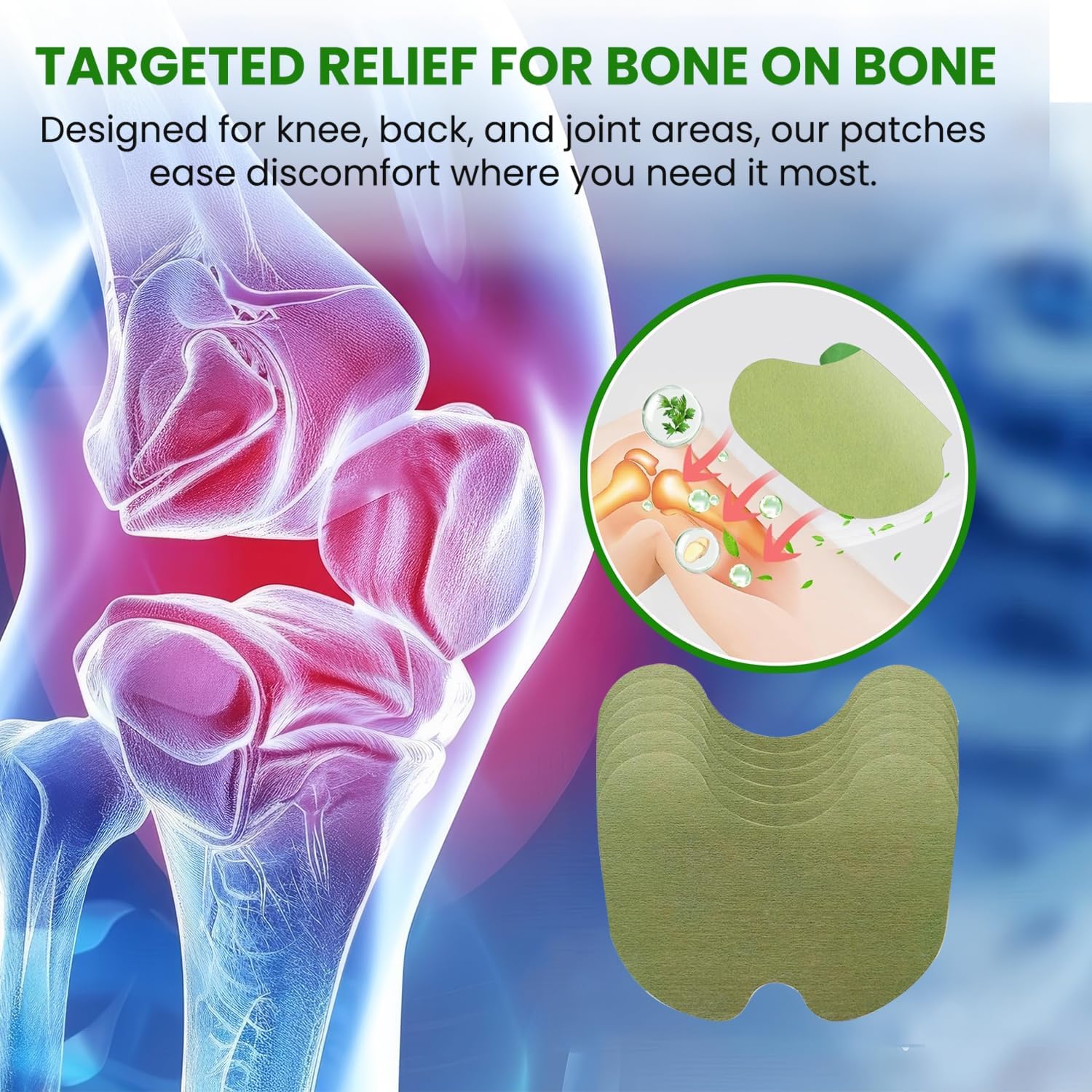 Close up view of the green self heating wormwood plaster sticker applied on a knee joint.