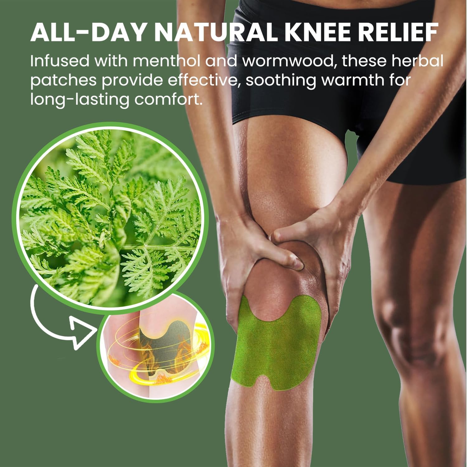 Dcsily natural adhesive heat patches displayed with raw wormwood leaves and menthol crystals.