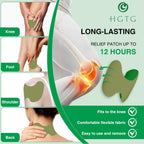 Adhesive natural heat patches applied to a human knee joint for pain relief.