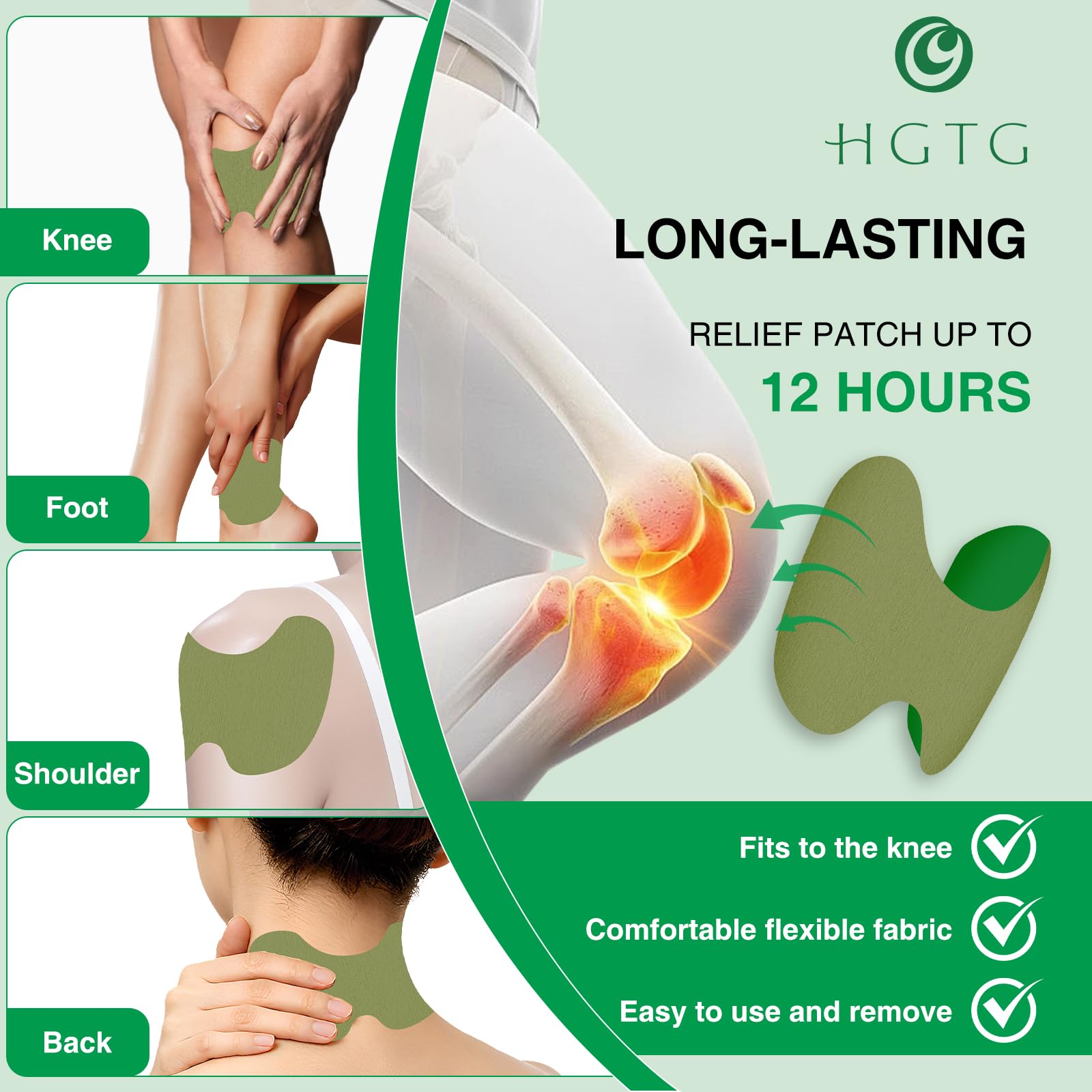 Adhesive natural heat patches applied to a human knee joint for pain relief.