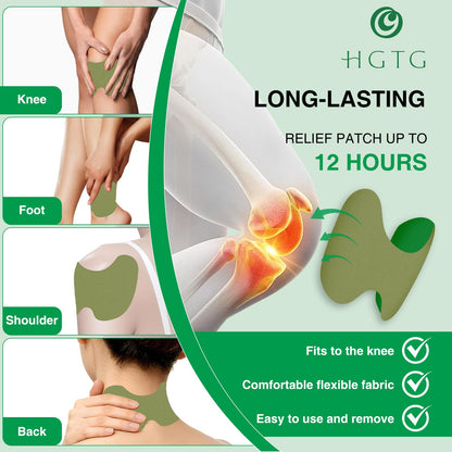Adhesive natural heat patches applied to a human knee joint for pain relief.
