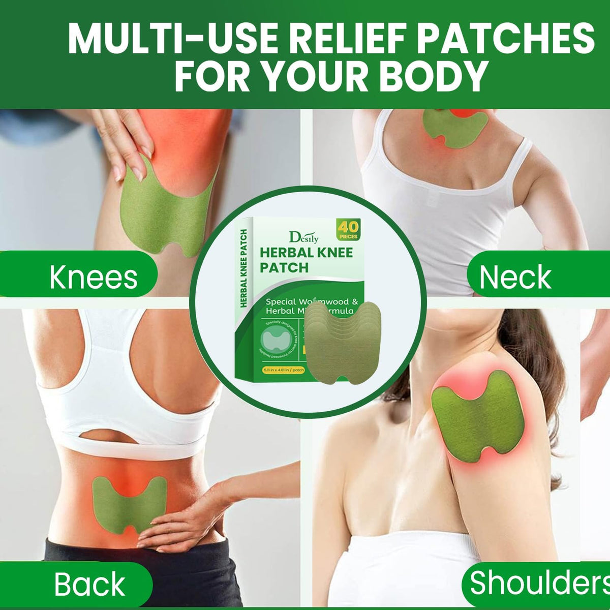 Individually sealed pain relief patches spread out to demonstrate the 40 count value pack quantity.