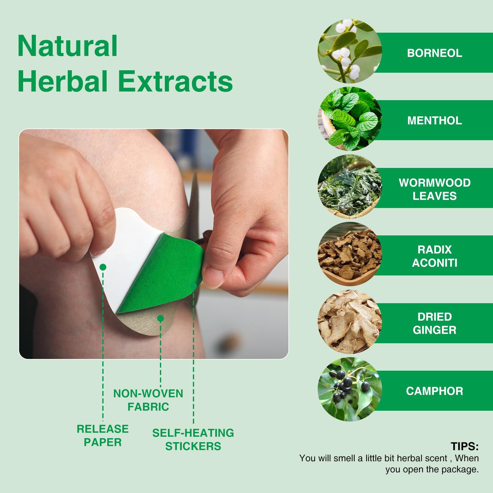 Warming herbal heating patches demonstrating application on the neck and shoulder area.