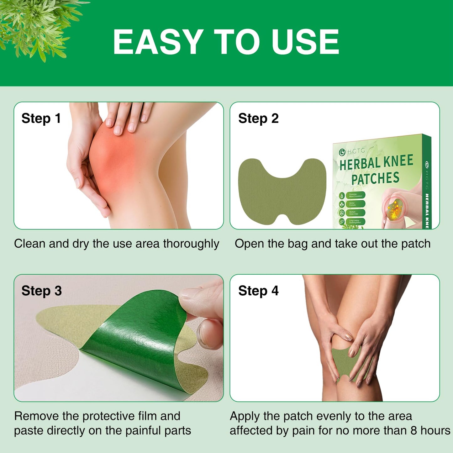 Natural plant extract ingredients illustrated alongside the heating patch bundle.