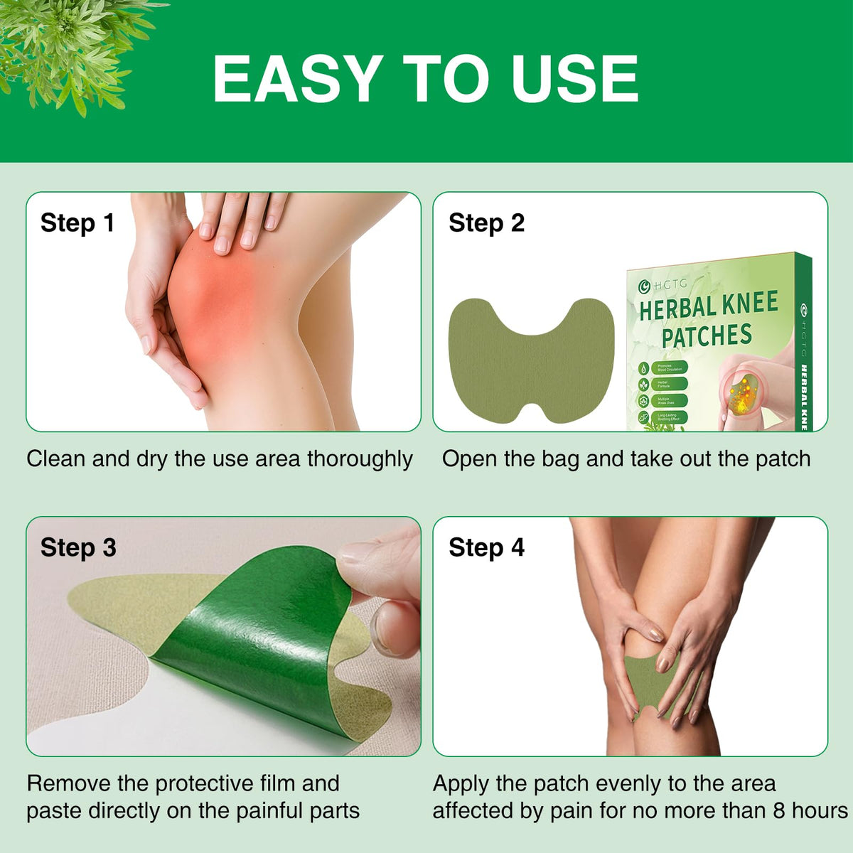 Natural plant extract ingredients illustrated alongside the heating patch bundle.