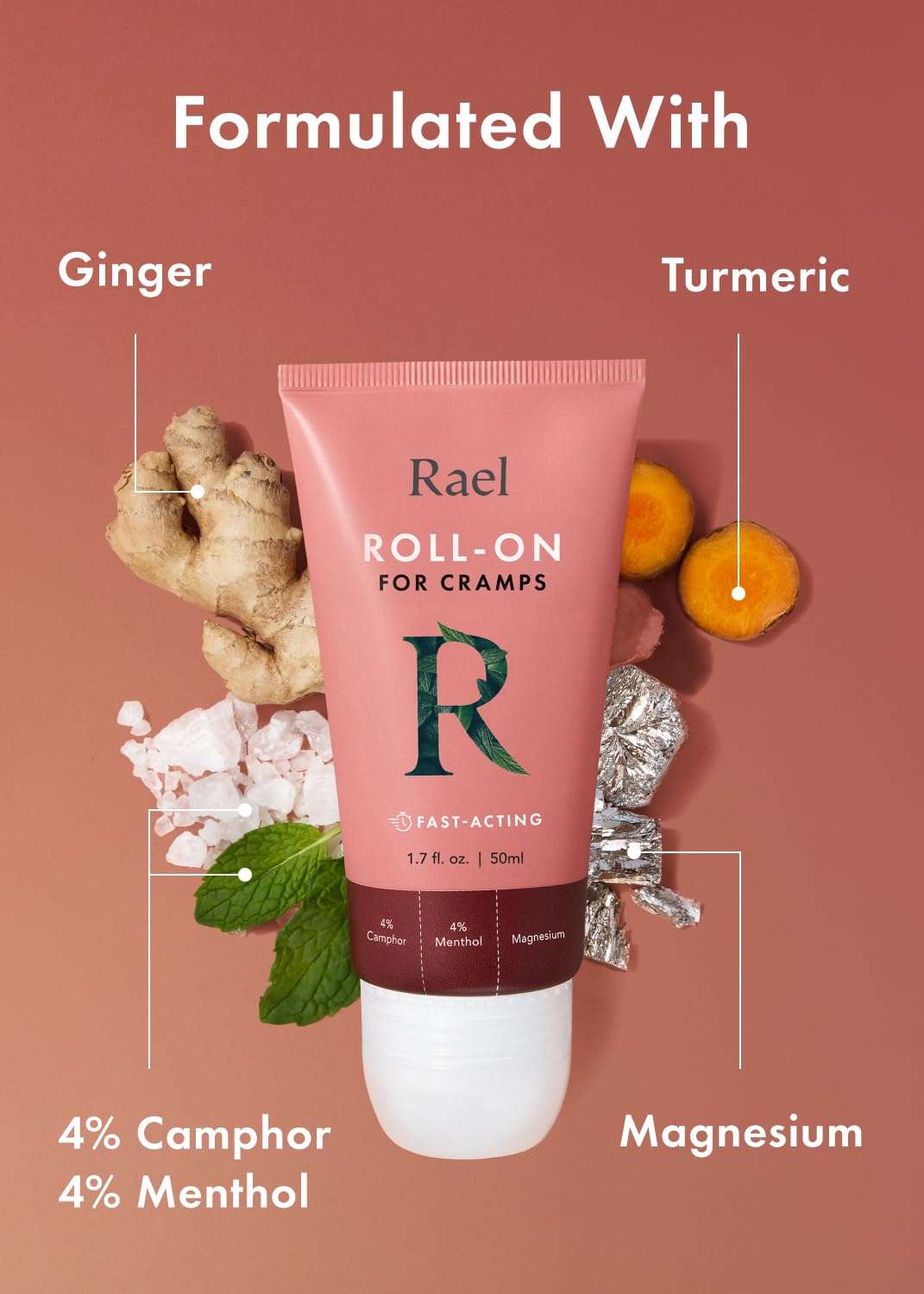 Back label of Rael pain relief roll on showing camphor and menthol ingredients