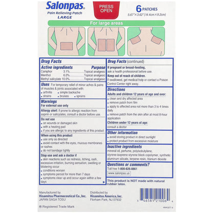 Salonpas large external pain relief patches 6 count original box display