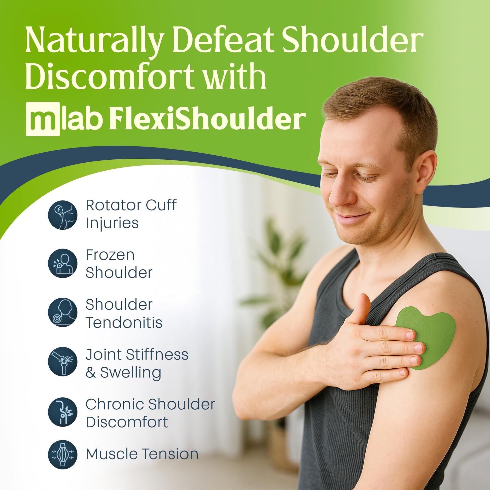 MLAB FlexiShoulder herbal warming patch showing ergonomic heart-shaped design