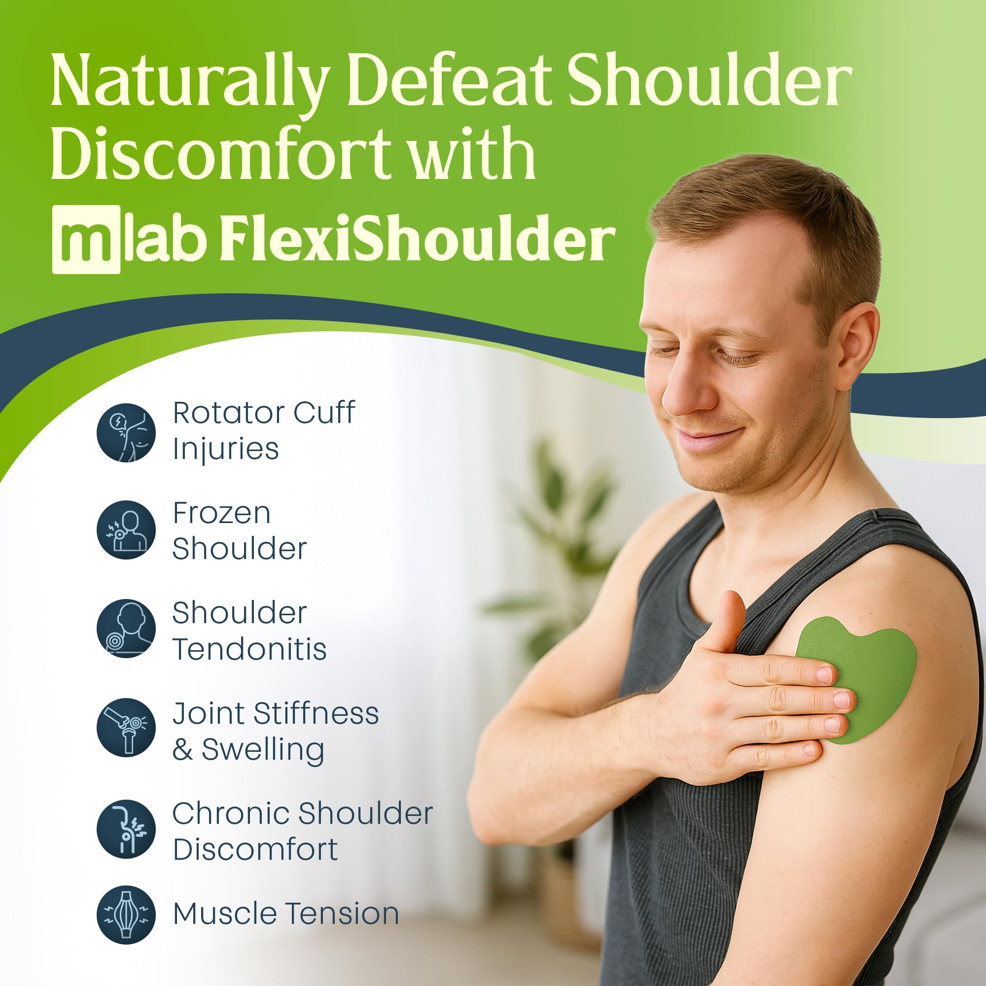 MLAB FlexiShoulder herbal warming patch showing ergonomic heart-shaped design