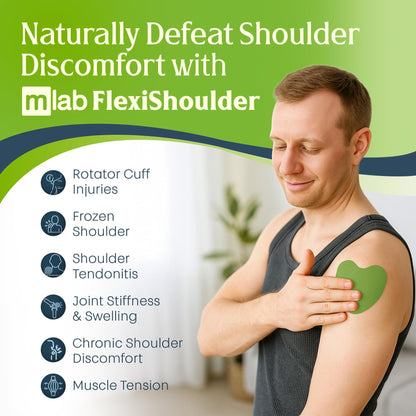 MLAB FlexiShoulder herbal warming patch showing ergonomic heart-shaped design