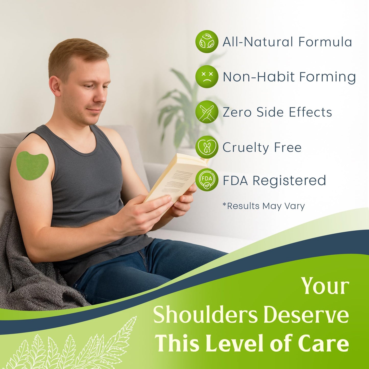 MLAB shoulder patch applied firmly to the shoulder for rotator cuff relief