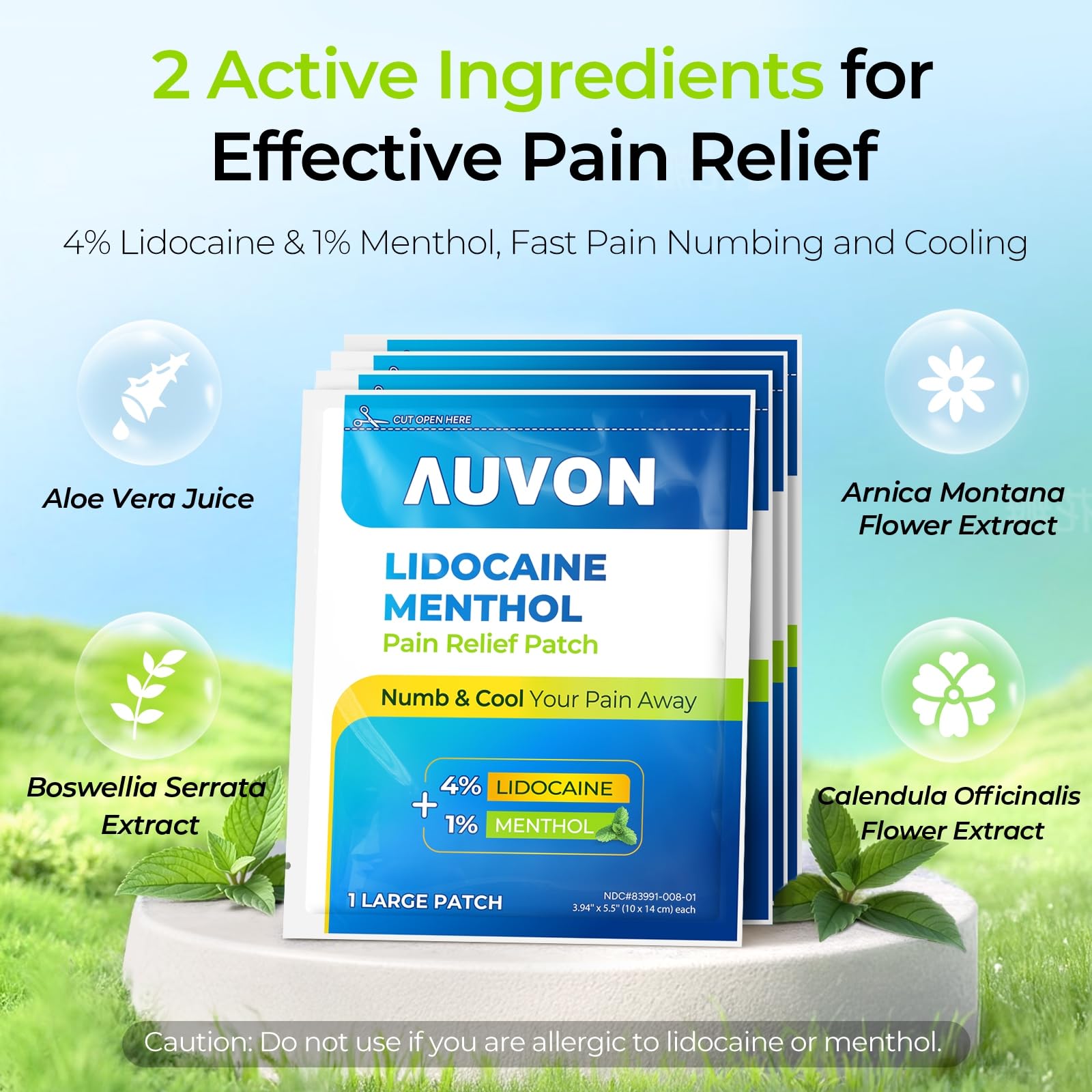 Back view of AUVON pain patch box detailing the 8 hour targeted relief for back and shoulder pain.