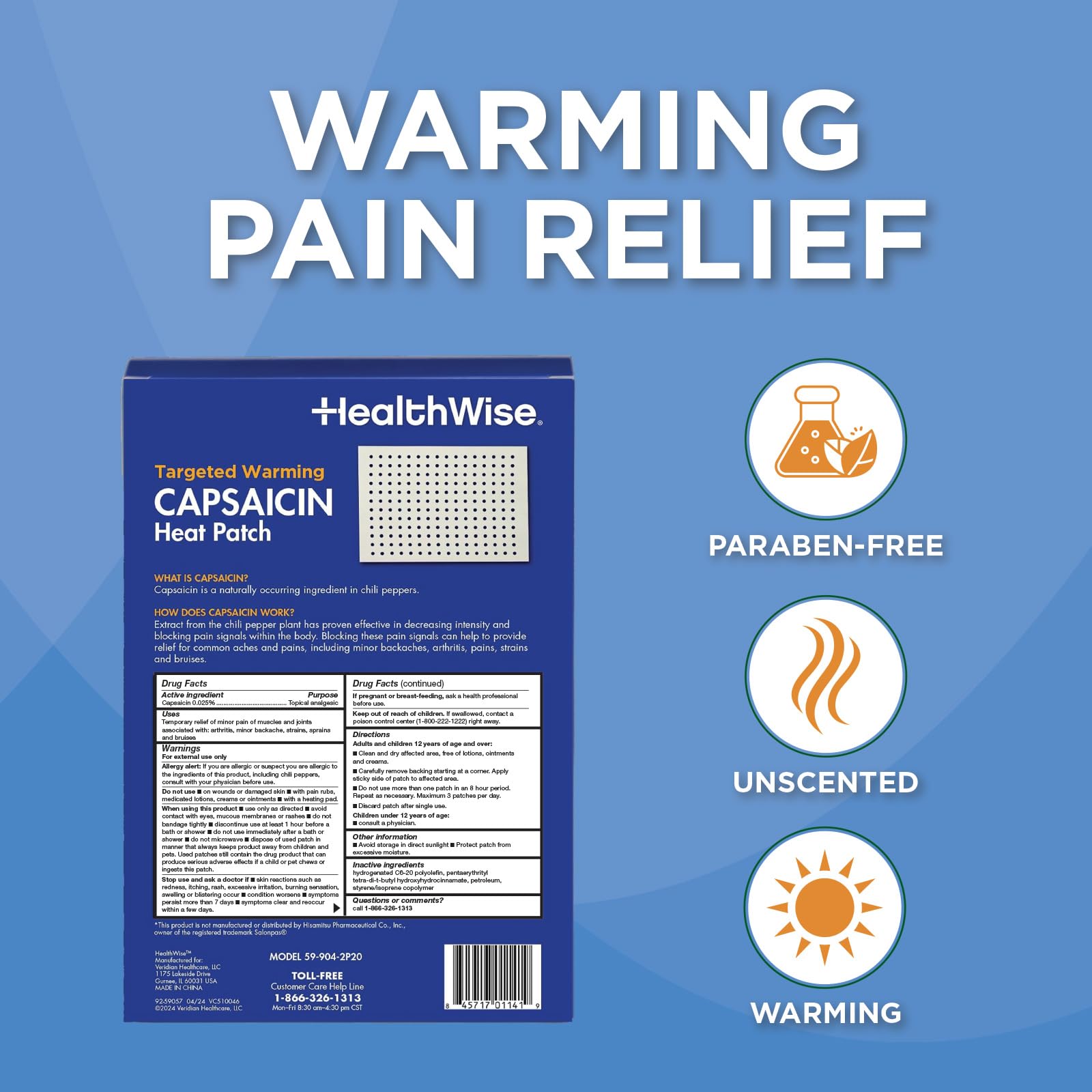 Large 5.25 by 7 inches warming topical analgesic patch layout indicating back pain relief usage