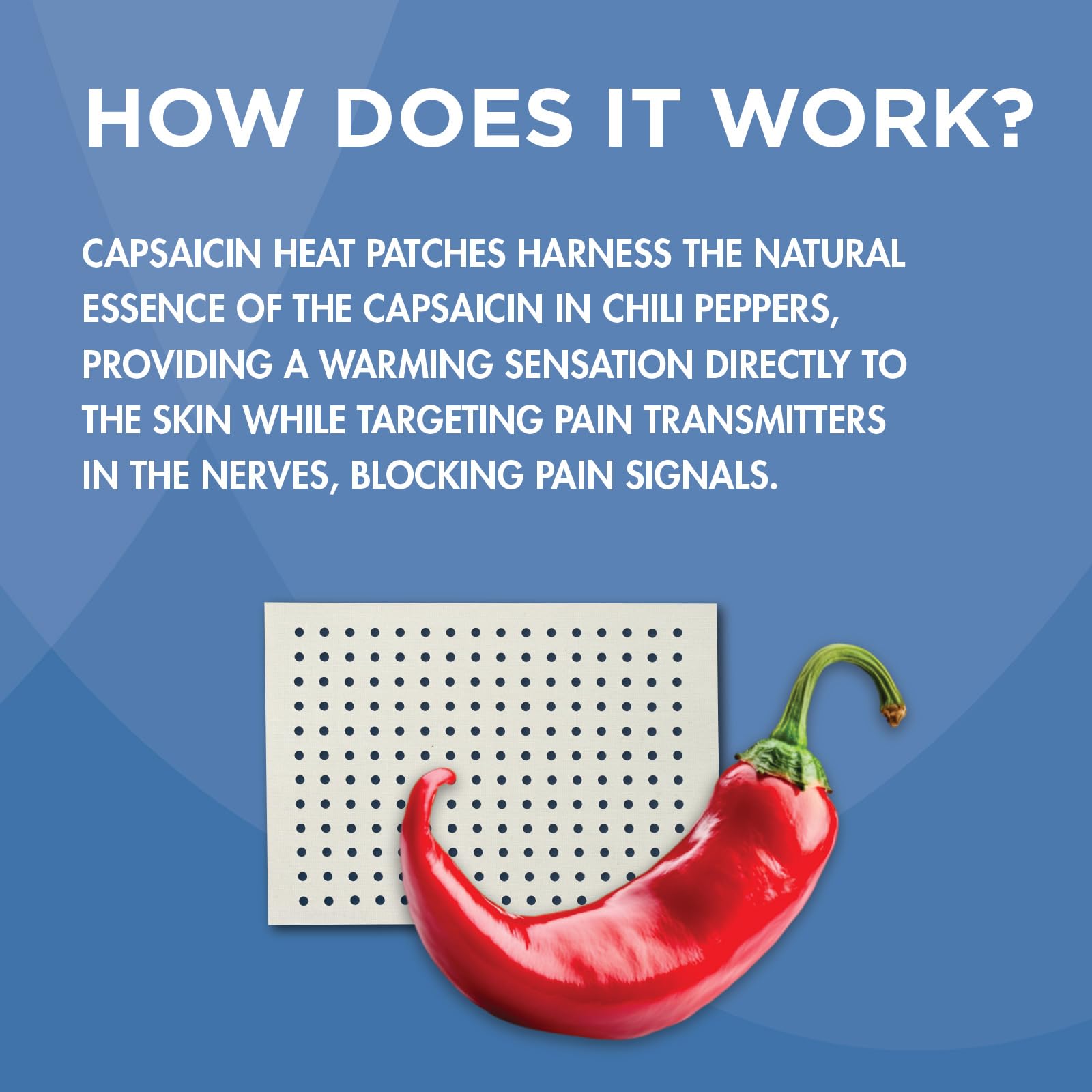 Individual medicated heat patch wrapper highlighting natural capsaicin formula for arthritis