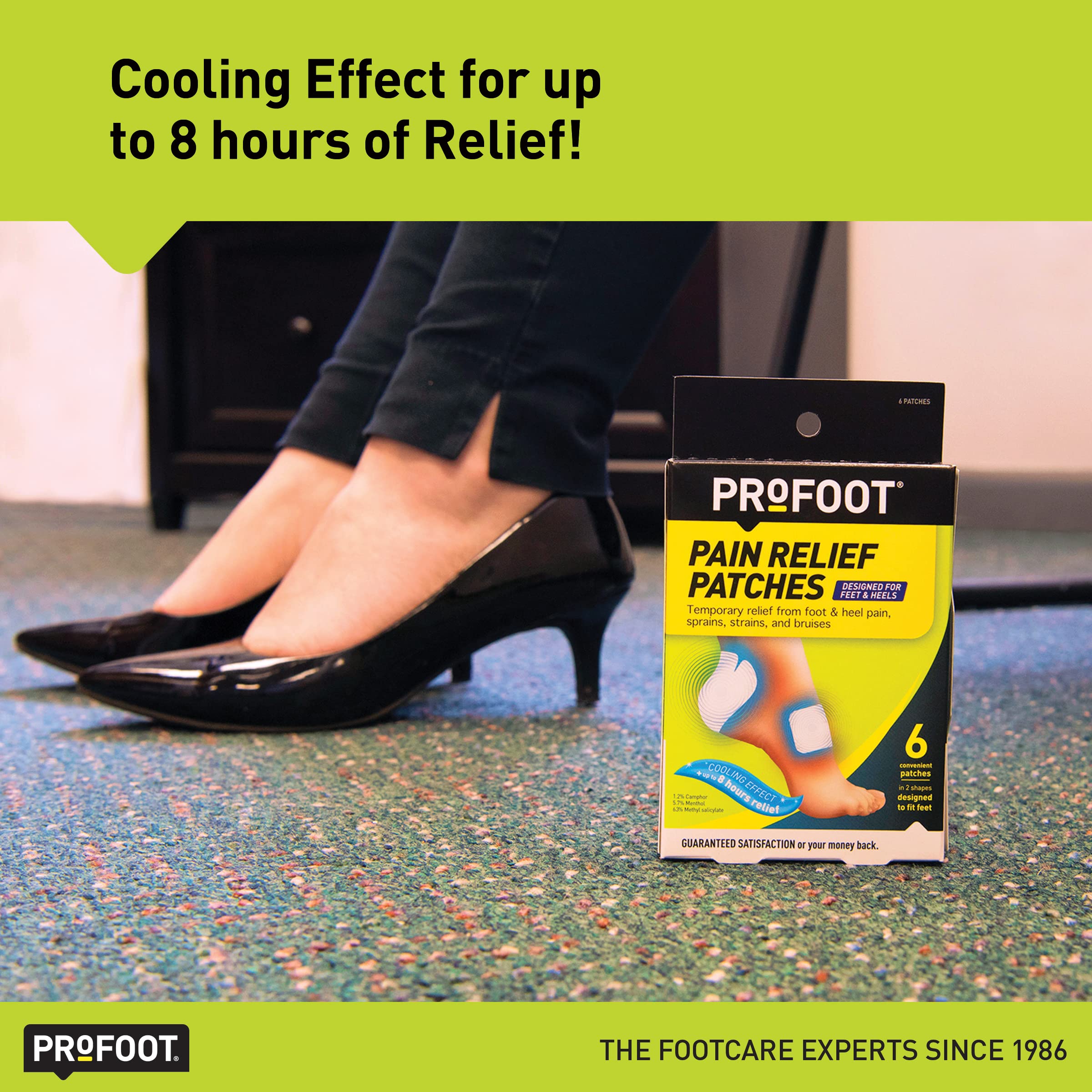 Side angle of PROFOOT 8 hour maximum strength foot patches box displaying usage instructions.