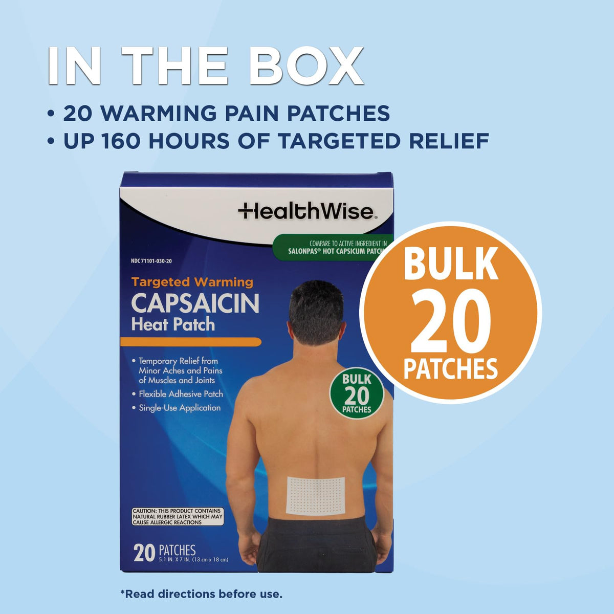 Premium retail packaging of HealthWise 20 count warming patches for chronic body pain