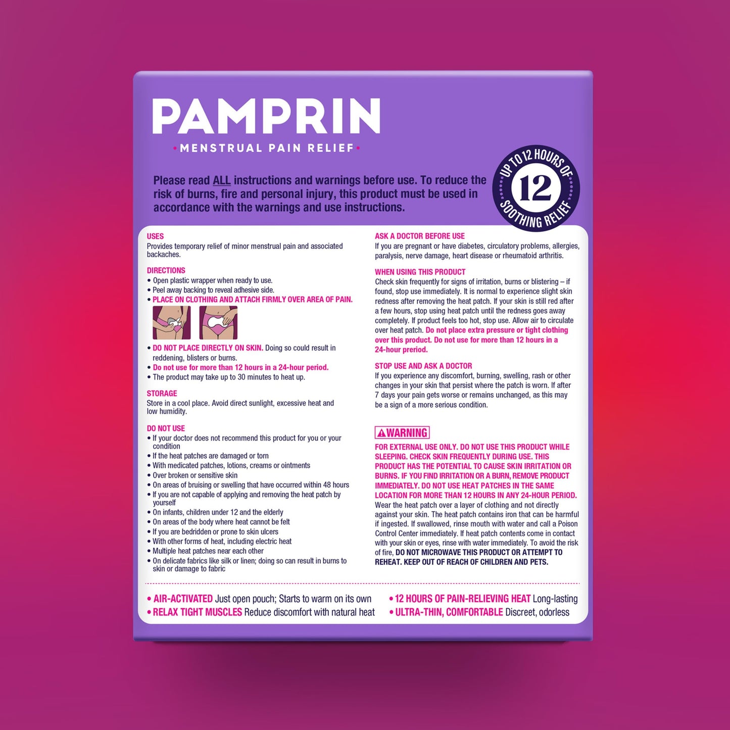 Pamprin air activated heating plaster packaging showing twelve hour pain relief features.