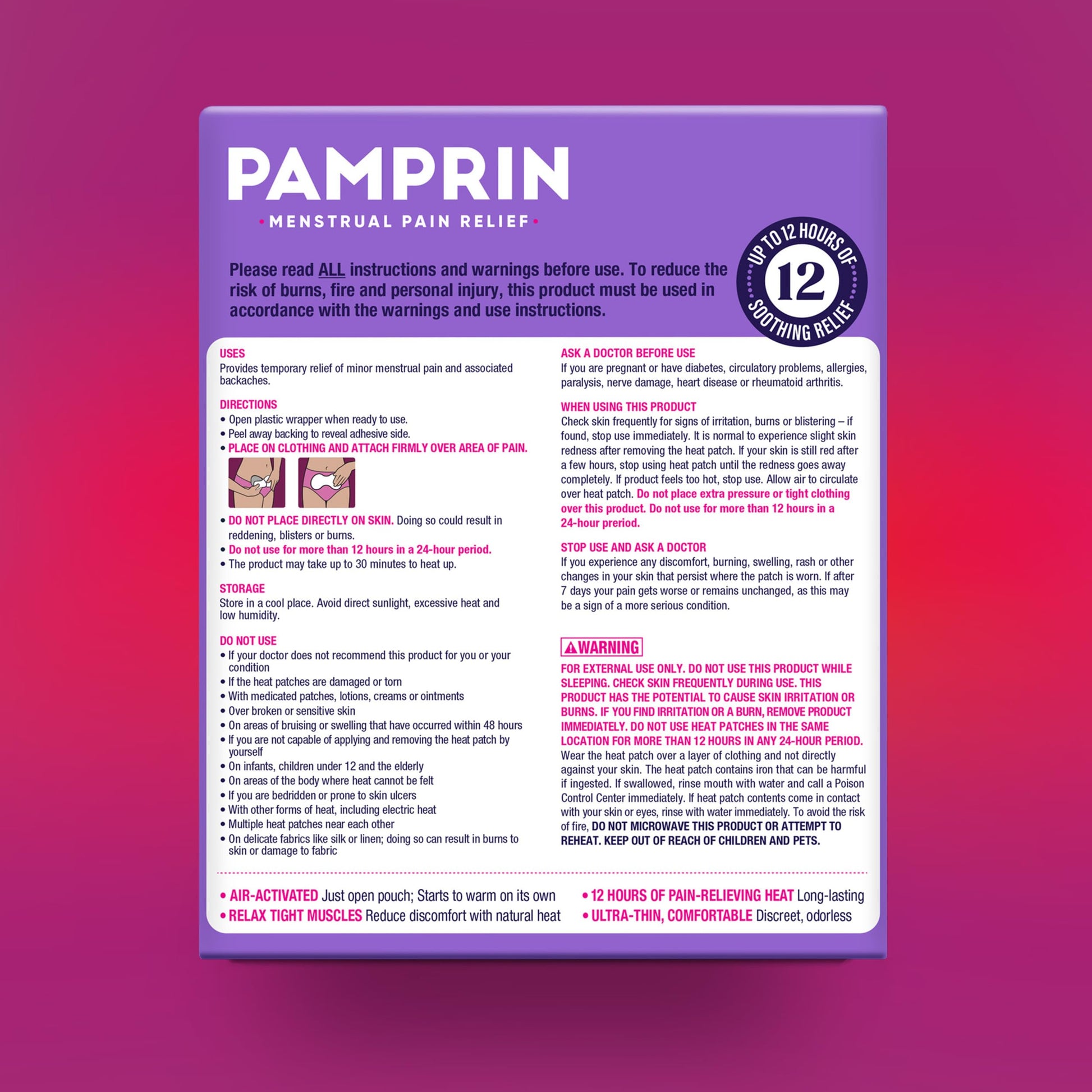 Pamprin air activated heating plaster packaging showing twelve hour pain relief features.