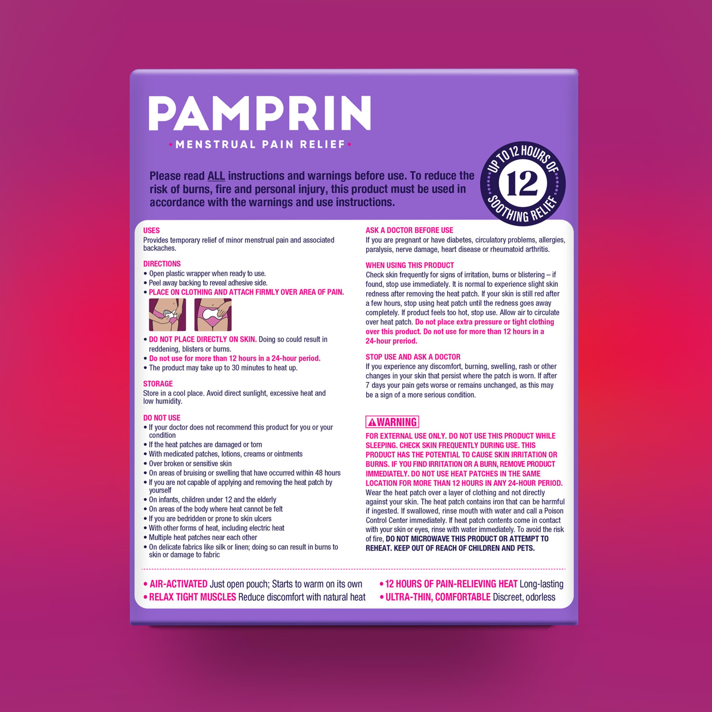 Pamprin air activated heating plaster packaging showing twelve hour pain relief features.