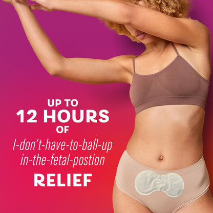 Back label view of Pamprin portable period pain patches with usage directions.