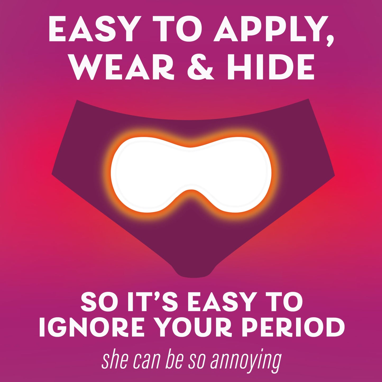 Thin and discreet menstrual heat patch design suitable under daily clothing.