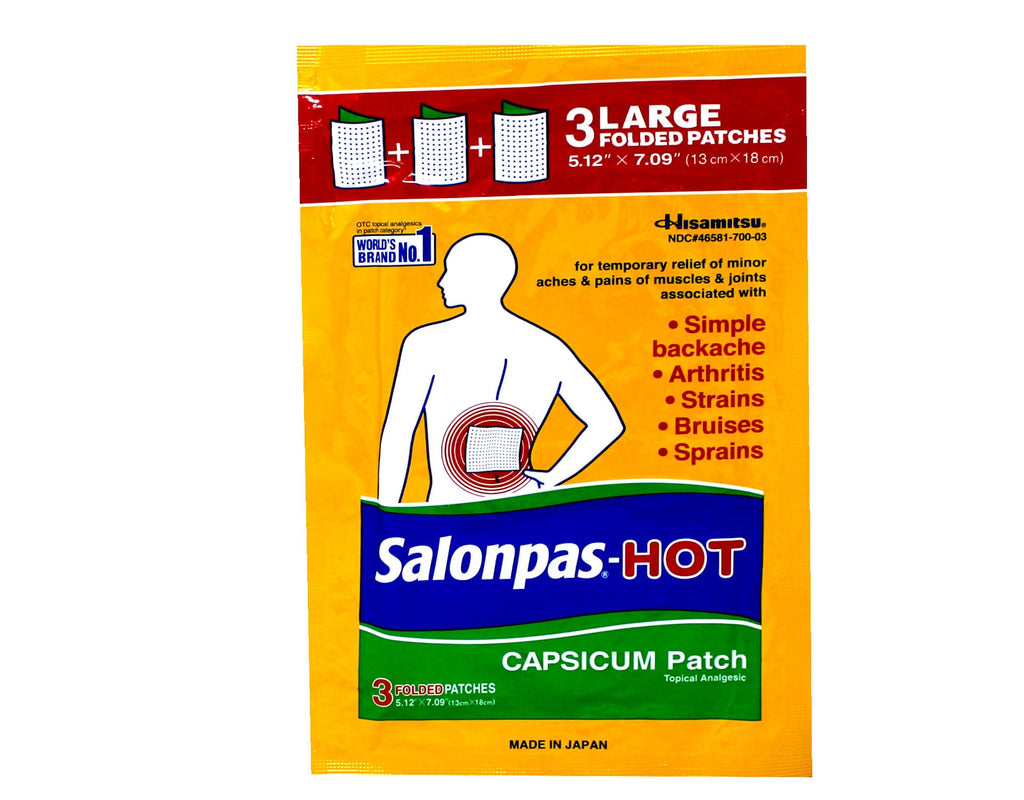 Back packaging of Salonpas HOT patch detailing active ingredients and directions for use