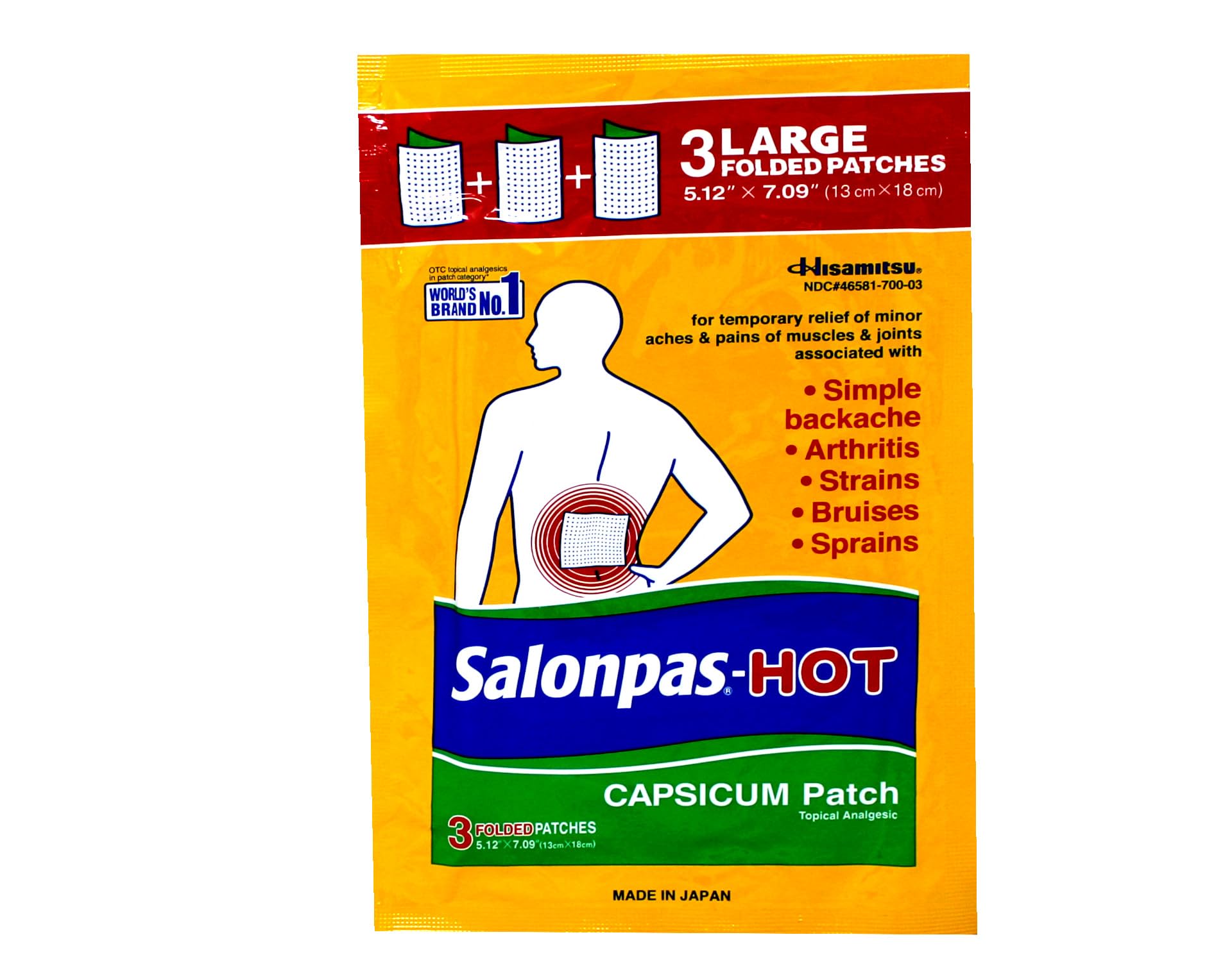 Back packaging of Salonpas HOT patch detailing active ingredients and directions for use