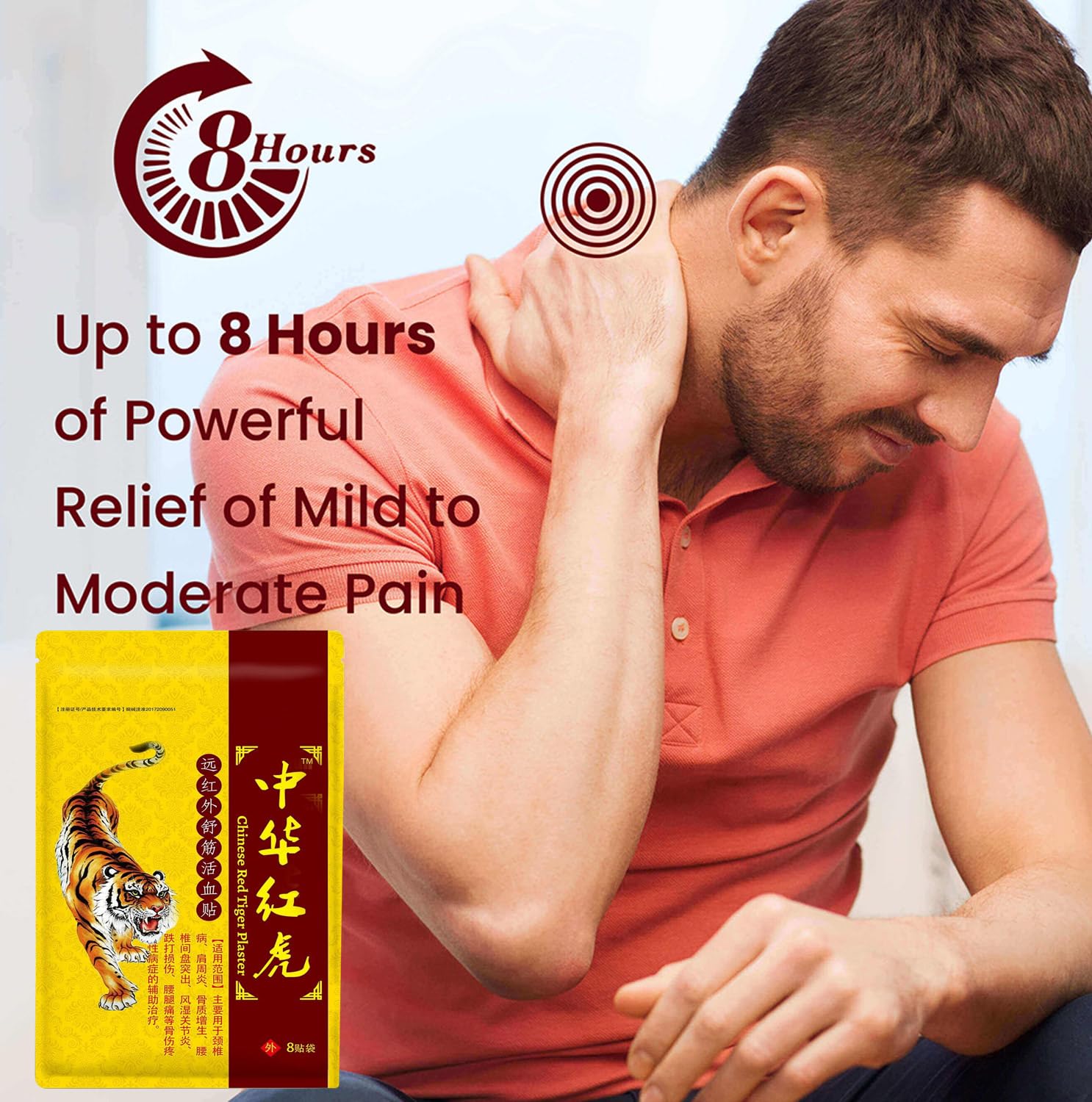CLIUNT ultra strength heat patches applied on a human knee for joint discomfort relief.