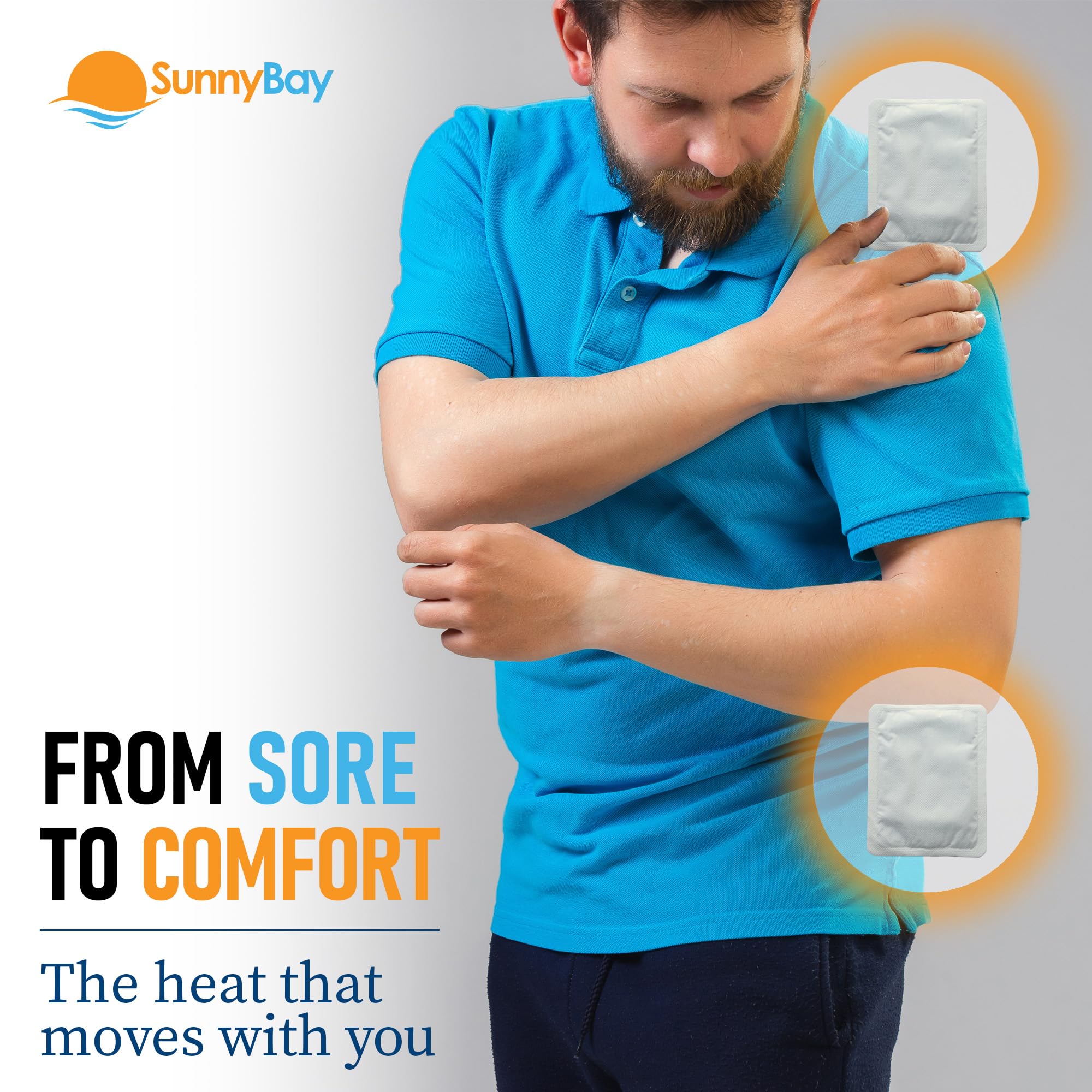 SunnyBay non electric heating pads applied to the clothing over the lower back for menstrual cramp relief.