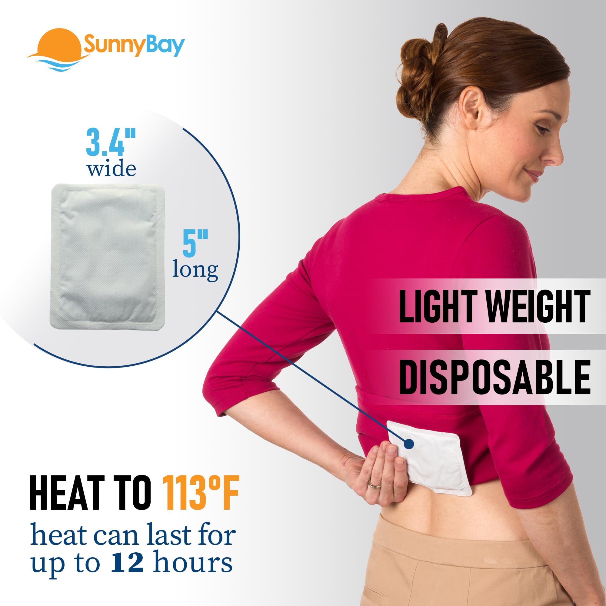 Air activated adhesive heat patch measuring five by three inches showcasing the secure clothing safe backing.