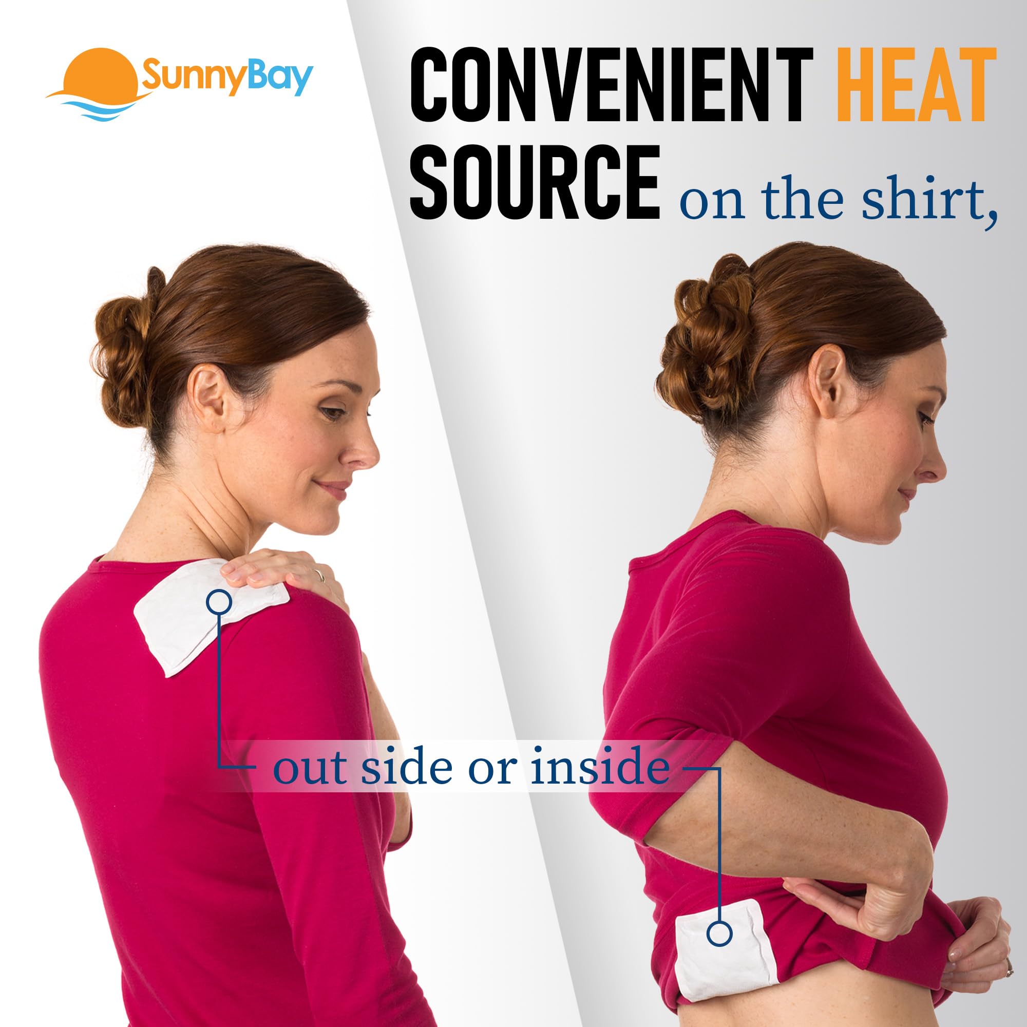 Premium imported USA SunnyBay warm pads used on apparel to soothe knee joint stiffness and muscle soreness.
