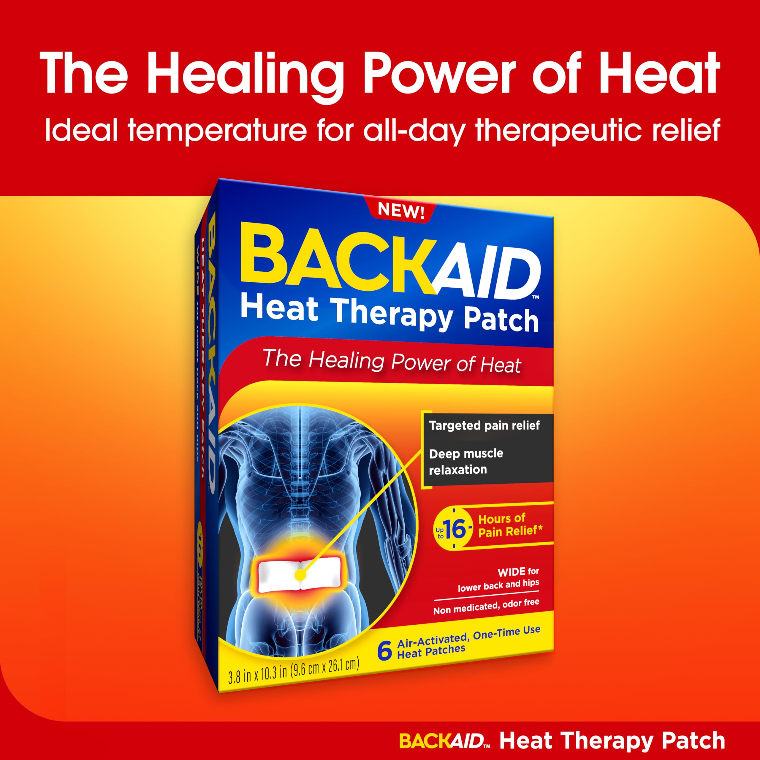 Backaid non medicated heat patch package highlighting the 16 hours of continuous muscle pain relief.