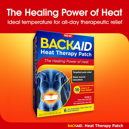 Backaid non medicated heat patch package highlighting the 16 hours of continuous muscle pain relief.