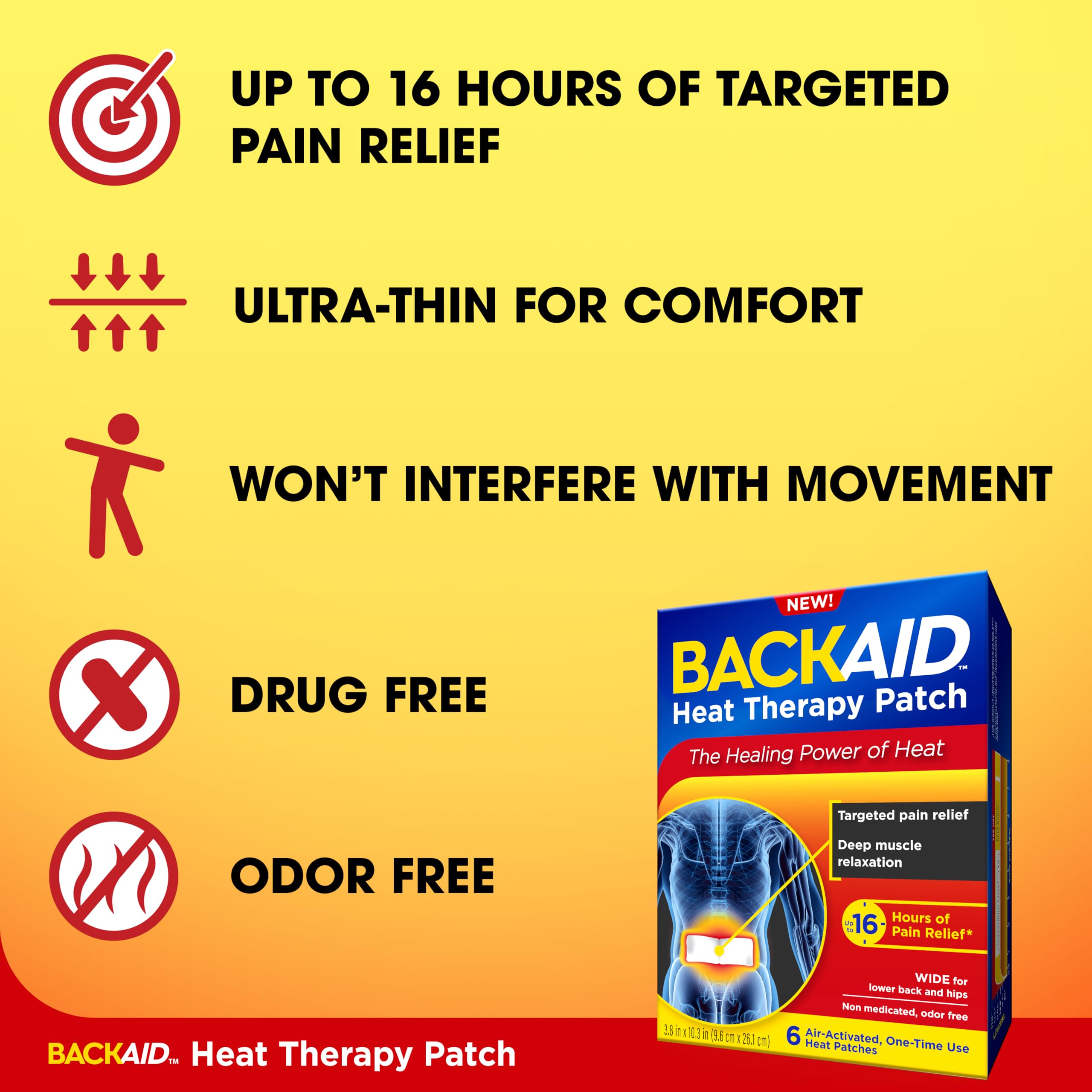 Backaid portable heating pad patch demonstrating the ultra thin and discreet application under clothing.